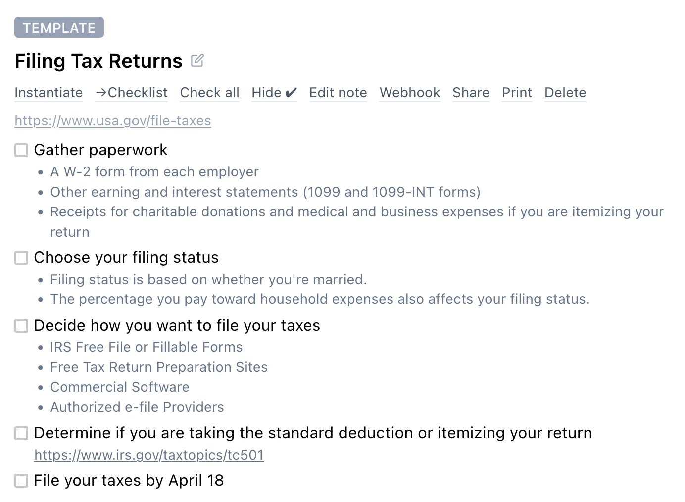 Screenshot of a an 'tax filing' checklist template