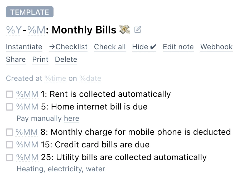 Screenshot of a an 'monthly bills' checklist template with date/time tokens