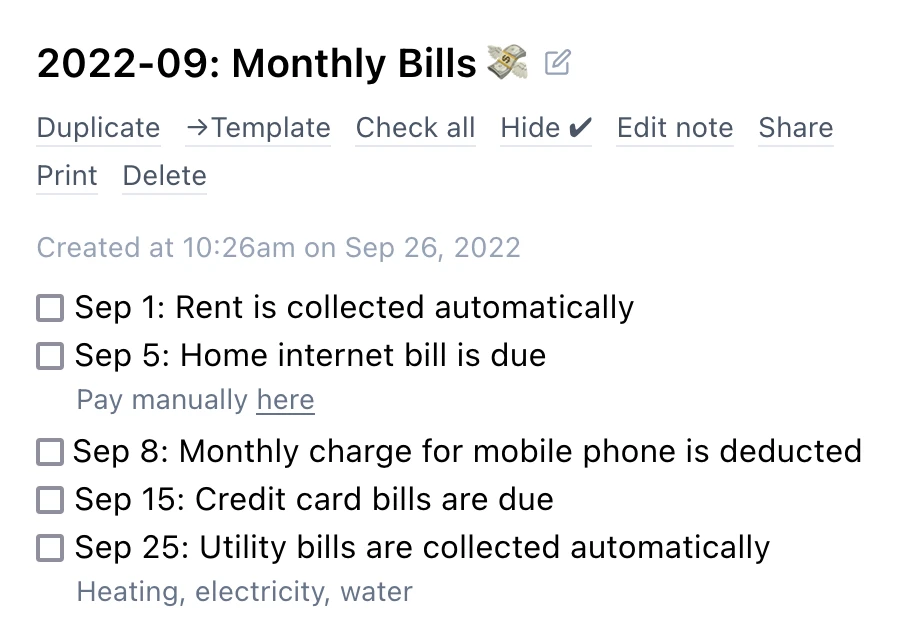Screenshot of a an instantiated 'monthly bills' checklist