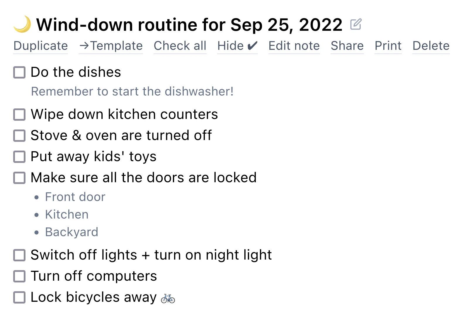 Screenshot of a an 'evening routine' checklist